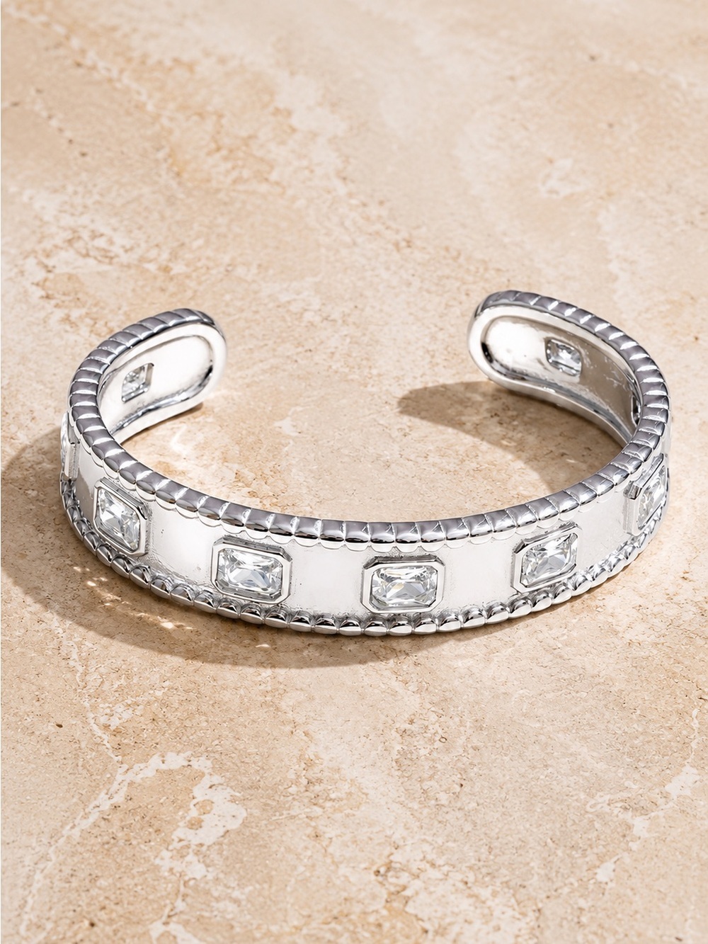 Silver tone Cuff Bracelet with Clear Crystal Accents